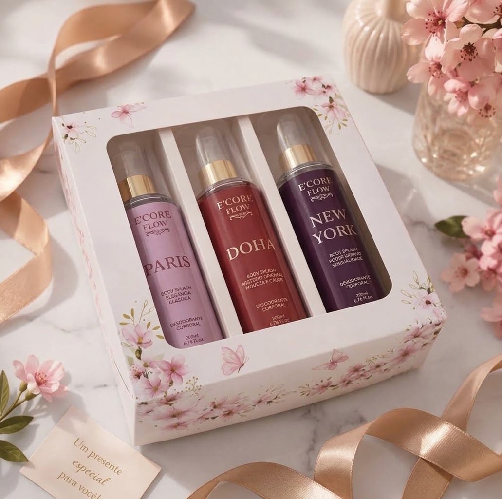 Kit de presente E'CORE FLOW com Paris, Doha e New York em caixa floral